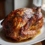 A beautifully roasted turkey with crispy, golden-brown skin seasoned with herbs, resting in its own juices.