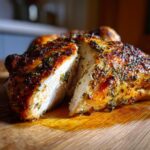 Close-up of juicy spatchcock chicken breast, sliced open to show moist white meat and herb-crusted skin.
