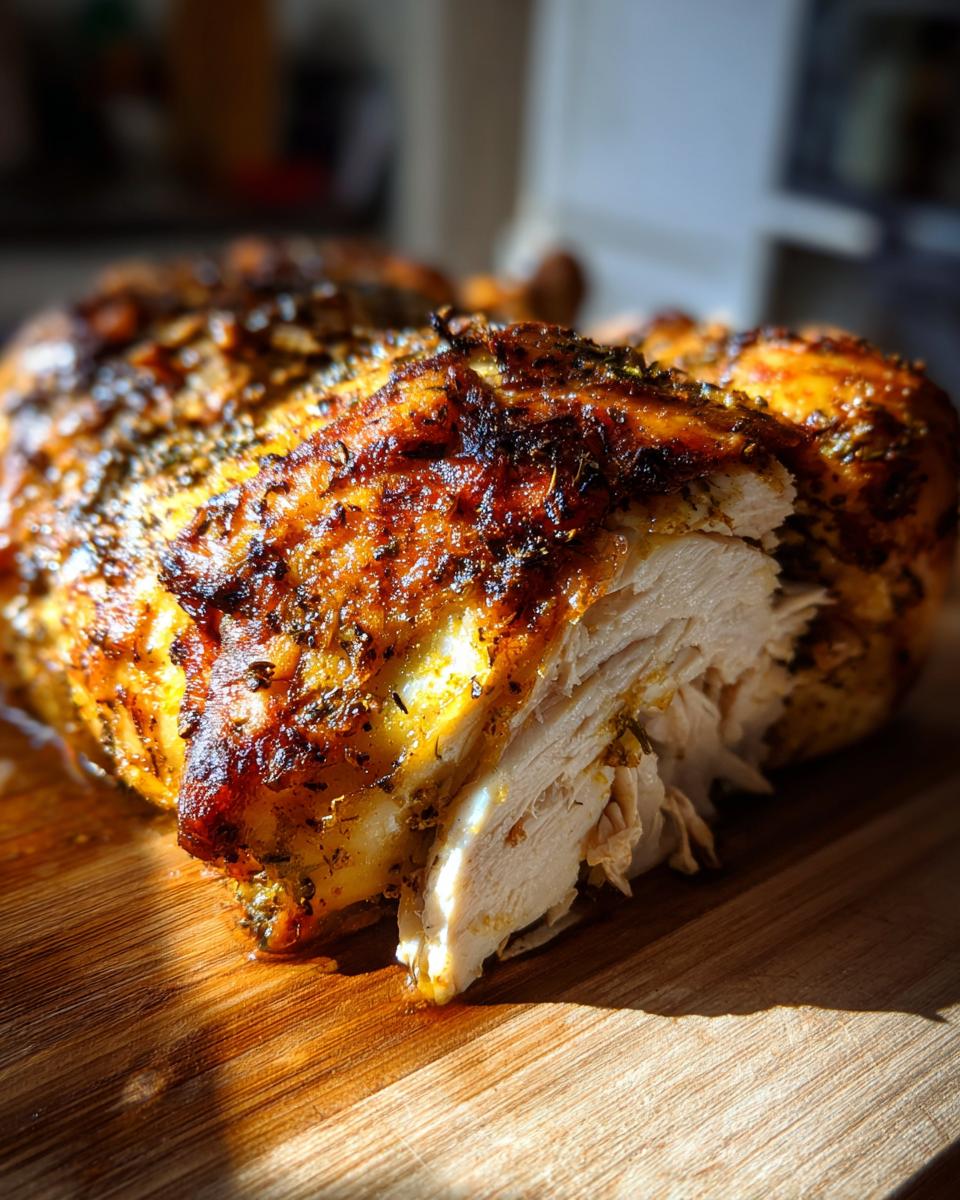 Close-up of perfectly cooked spatchcock chicken showing juicy white meat and crispy, herb-seasoned skin.