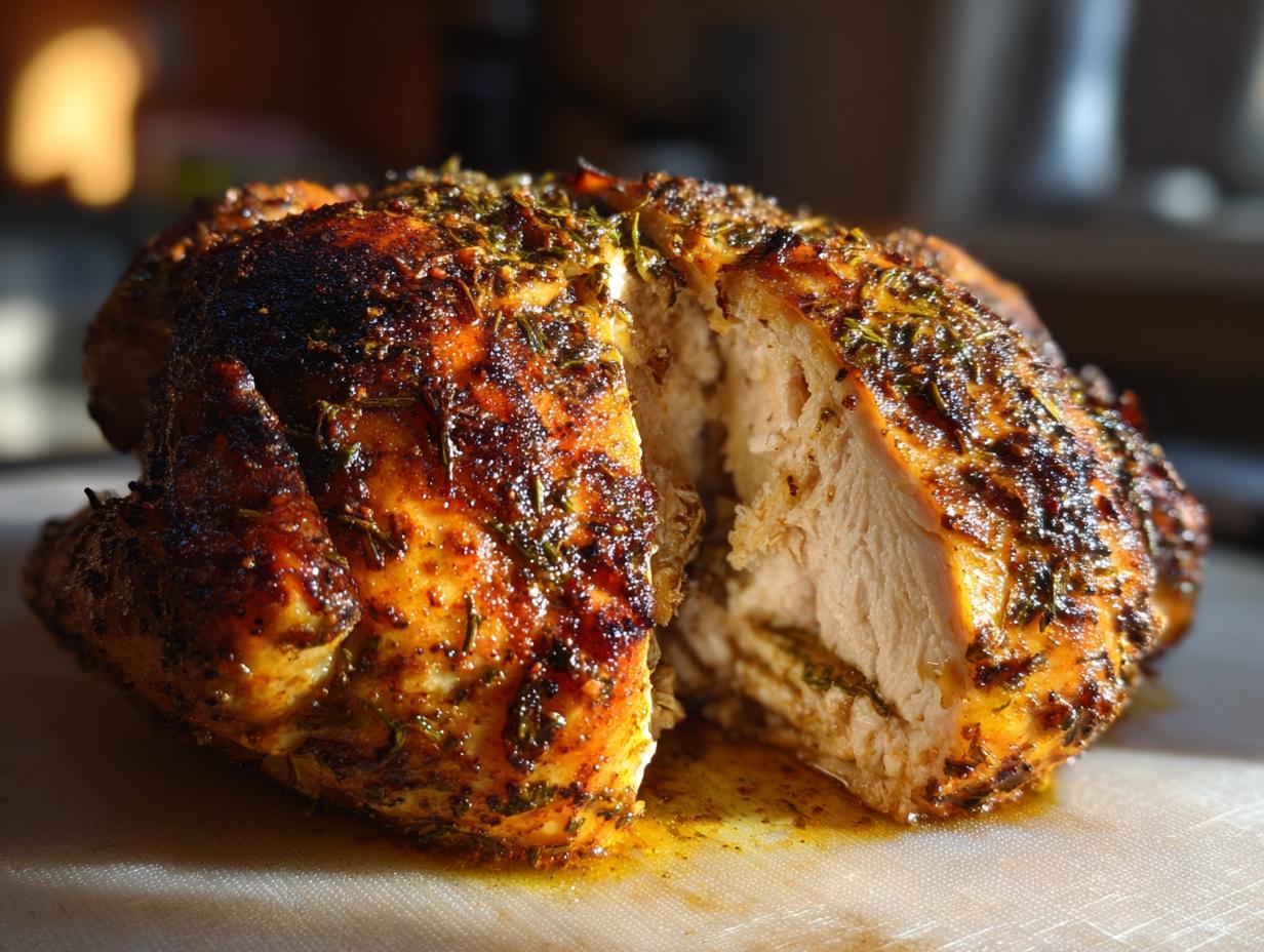 Close-up of a perfectly cooked spatchcock chicken, sliced open to show moist white meat and a dark, herby, crispy skin.