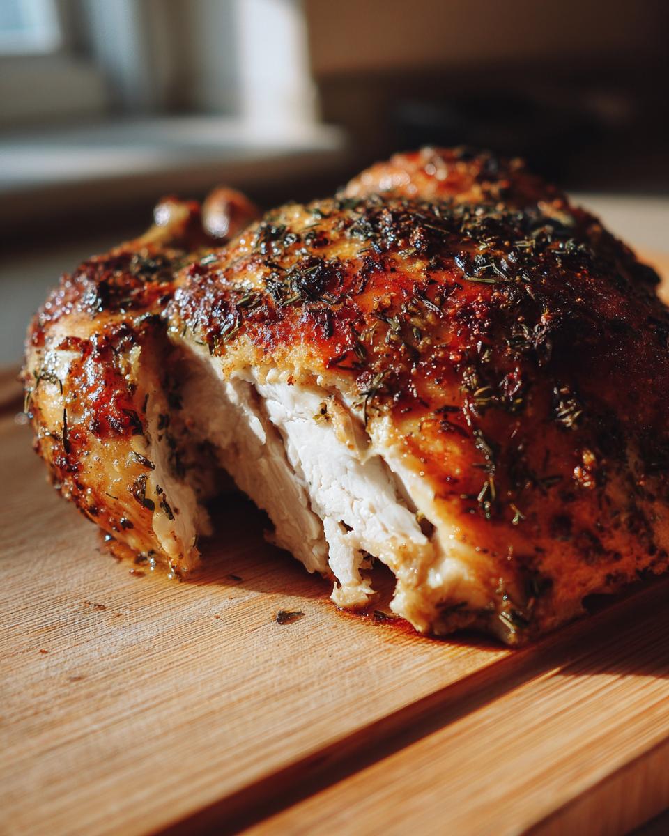 Close-up of perfectly cooked spatchcock chicken breast showing juicy white meat and crispy, herb-crusted skin.