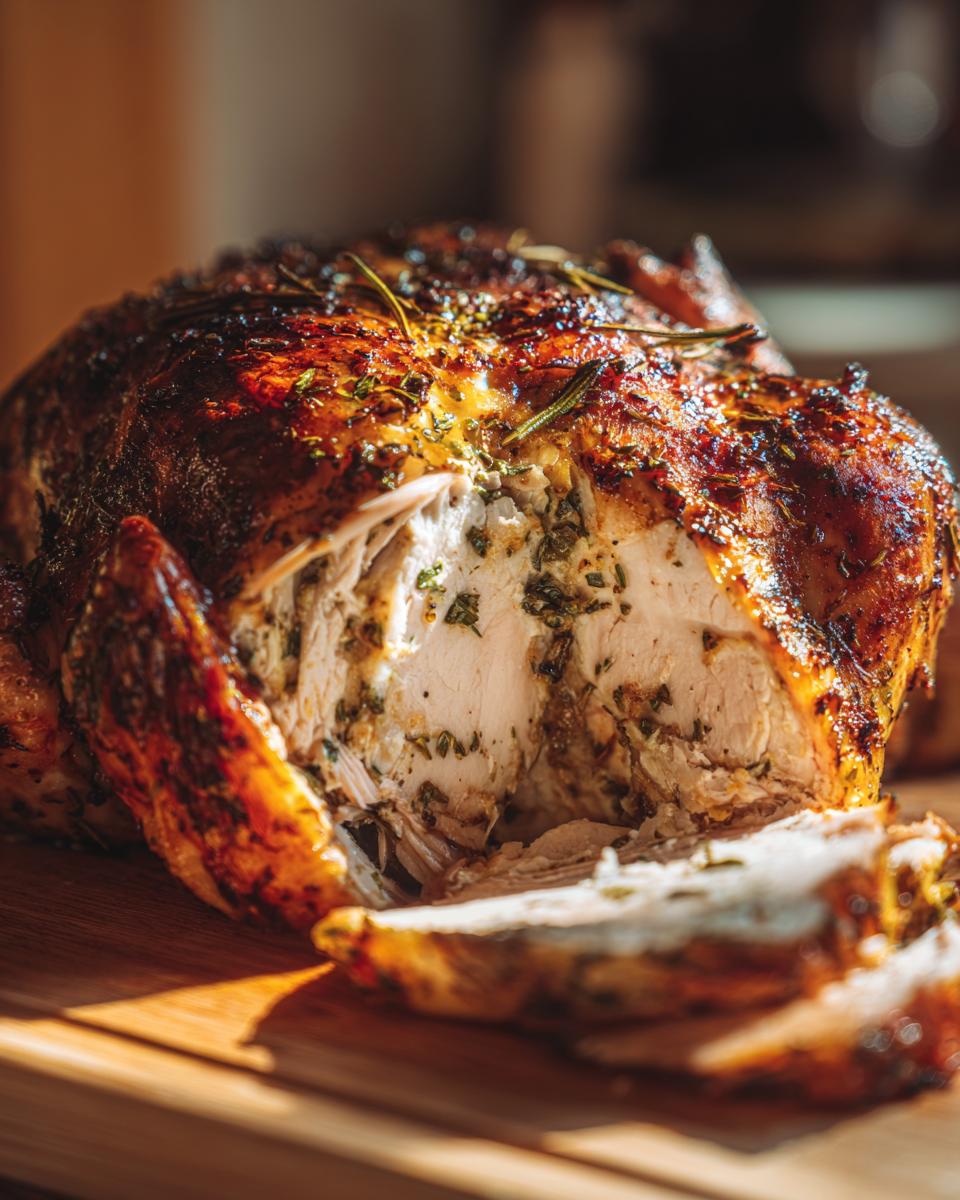Close-up of a perfectly roasted spatchcock chicken, sliced to show juicy white meat seasoned with herbs.