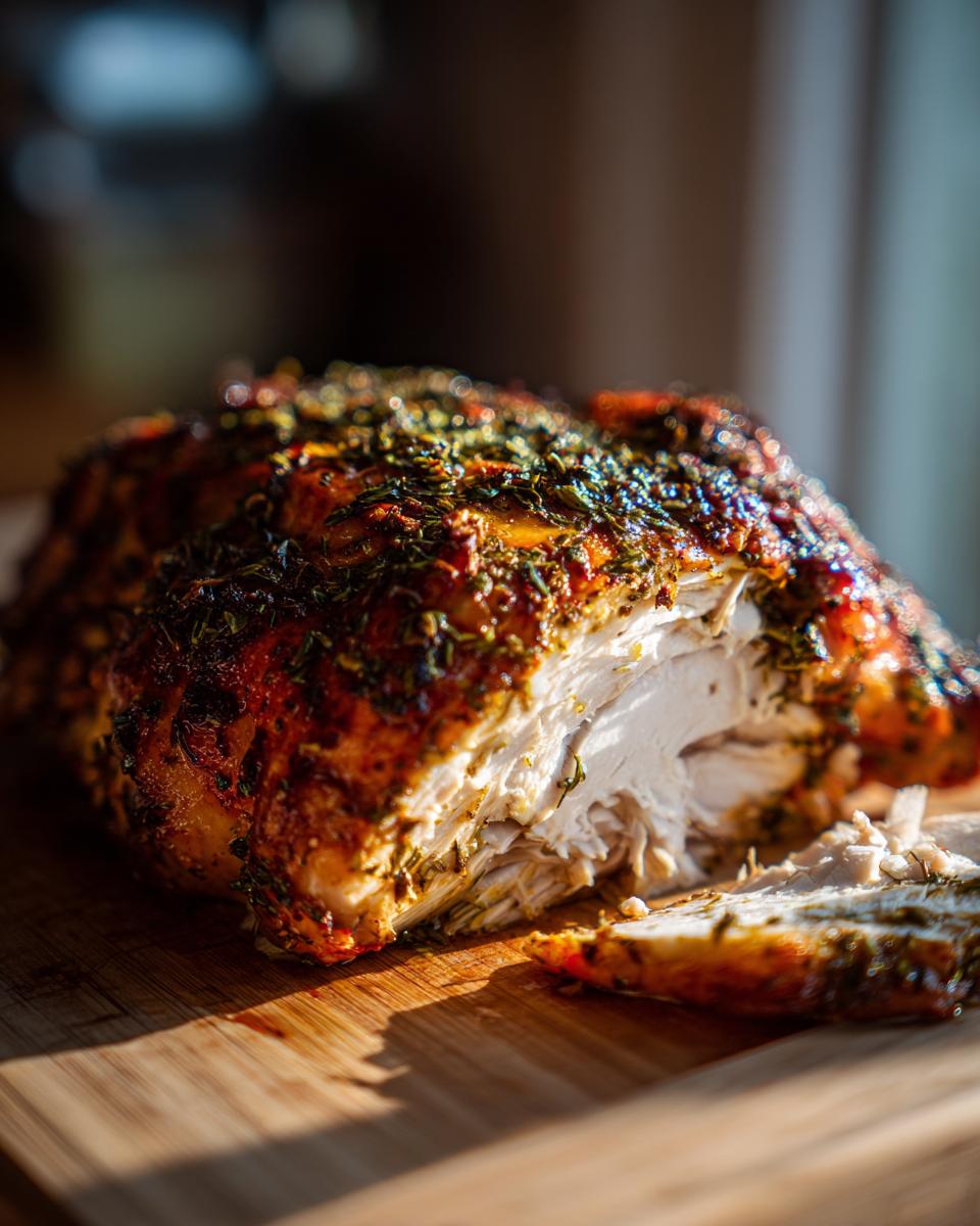 A close-up of juicy spatchcock chicken, sliced open to show white meat and a crispy, herb-crusted skin.
