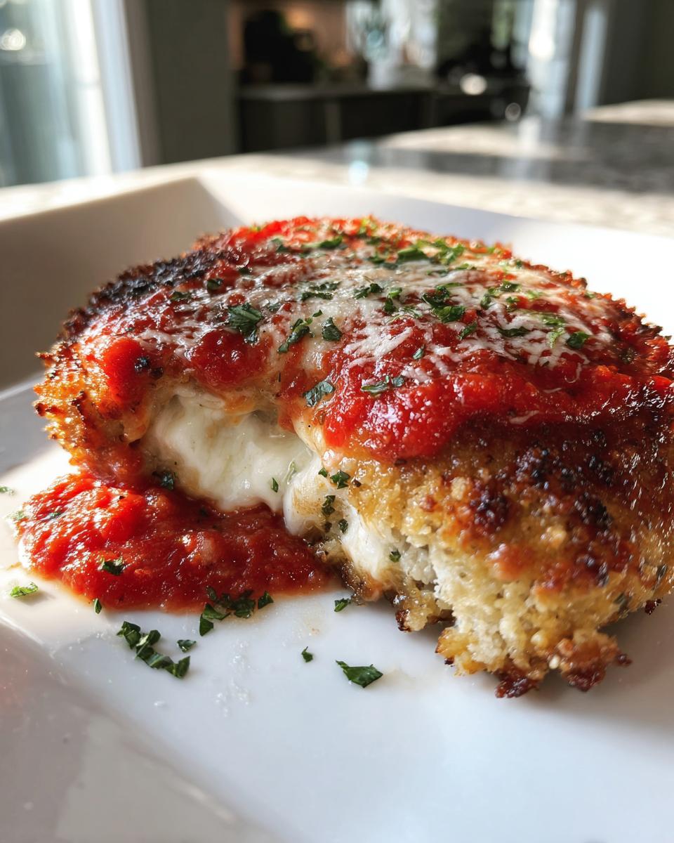 Close-up of a crispy keto chicken parmesan cut open, showing melted mozzarella cheese oozing out, topped with marinara sauce and parsley.