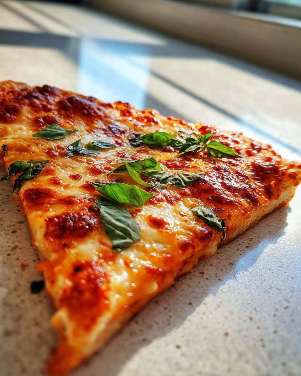 A close-up slice of pizza featuring melted, bubbly cheese, red sauce, and fresh basil leaves on a keto pizza crust.
