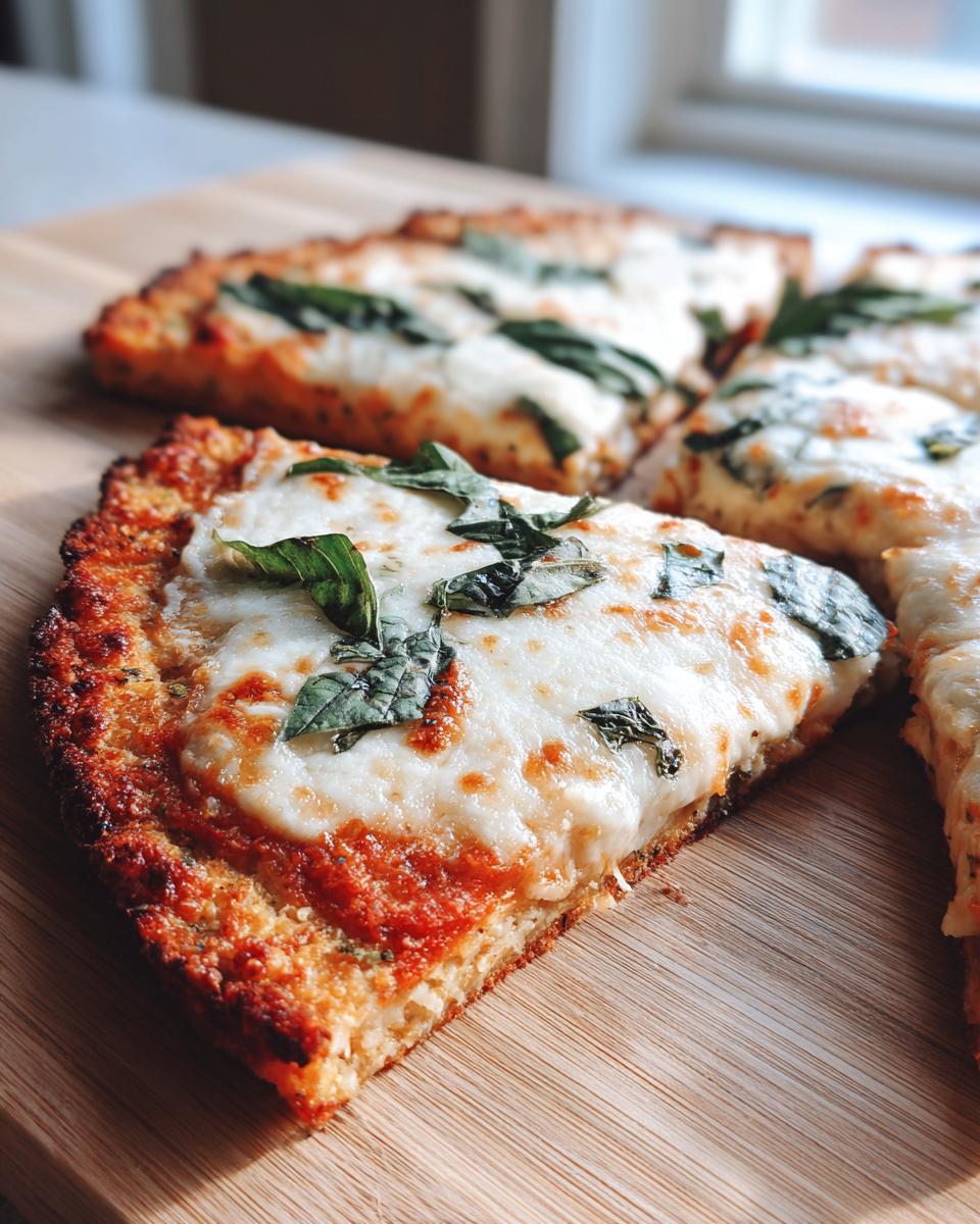 Close-up of a slice of delicious keto pizza crust topped with melted mozzarella and fresh basil.
