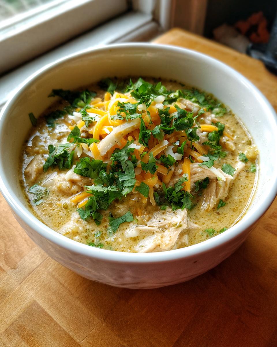 A close-up of a bowl of creamy keto white chicken chili topped with shredded cheese and fresh cilantro.