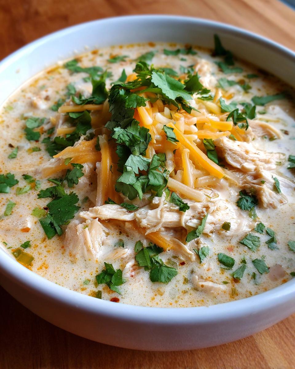 Close-up of a bowl of creamy keto white chicken chili topped with shredded cheese, cilantro, and shredded chicken.