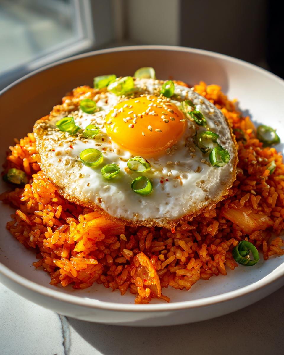 A close-up of vibrant orange kimchi fried rice topped with a sunny-side-up egg, sesame seeds, and green onions.