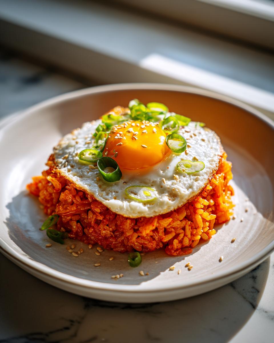A perfectly plated mound of vibrant kimchi fried rice topped with a sunny-side-up egg, scallions, and sesame seeds.