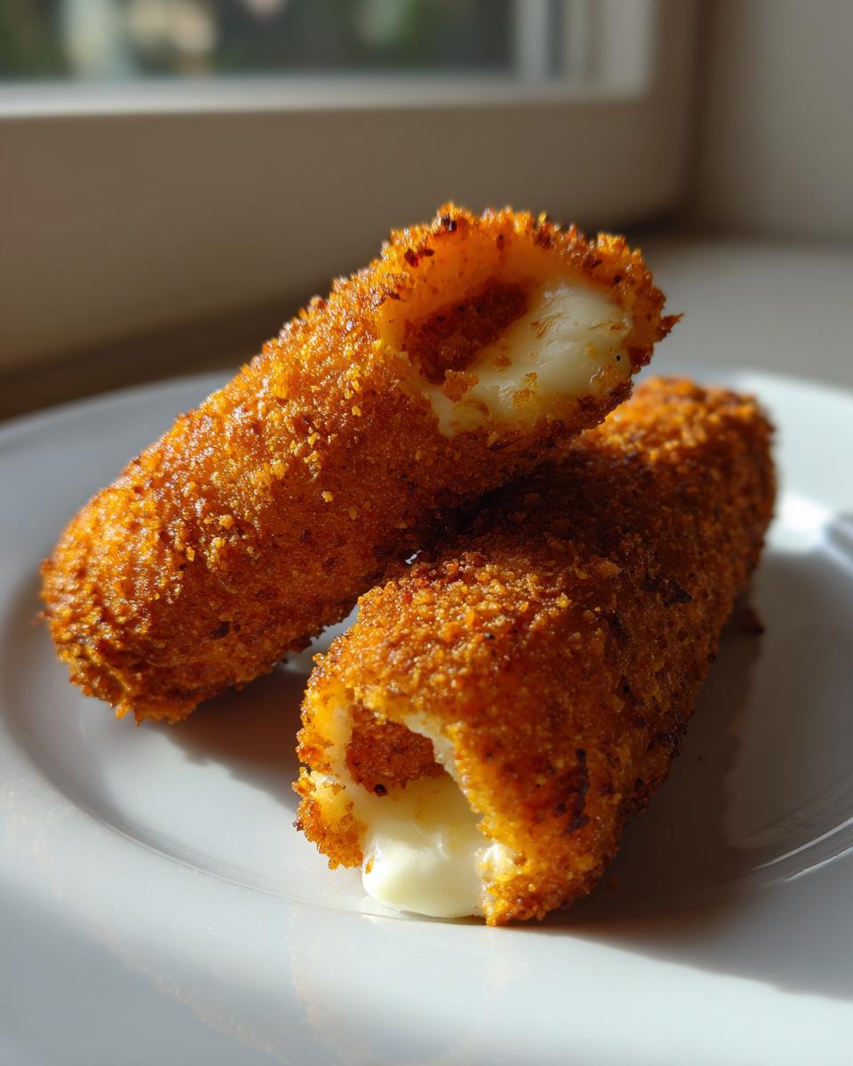 Two halves of a crispy, golden brown korean corn dog showing a gooey, melted mozzarella cheese pull inside.