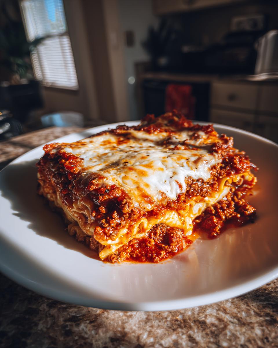 A close-up, dramatic shot of a hearty slice of lasagna pasta bake with melted cheese and rich meat sauce.
