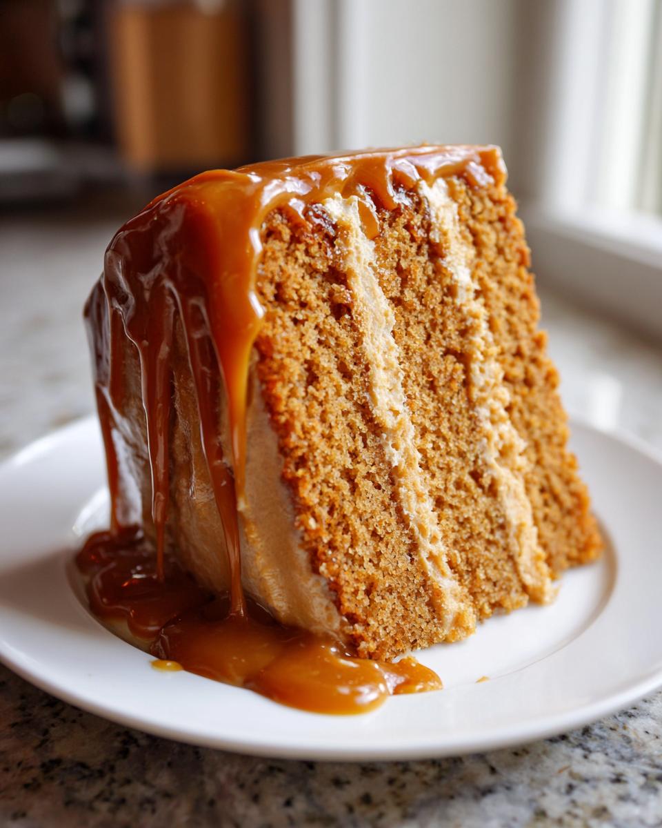 A tall, layered slice of rich caramel cake covered in thick, dripping caramel sauce.