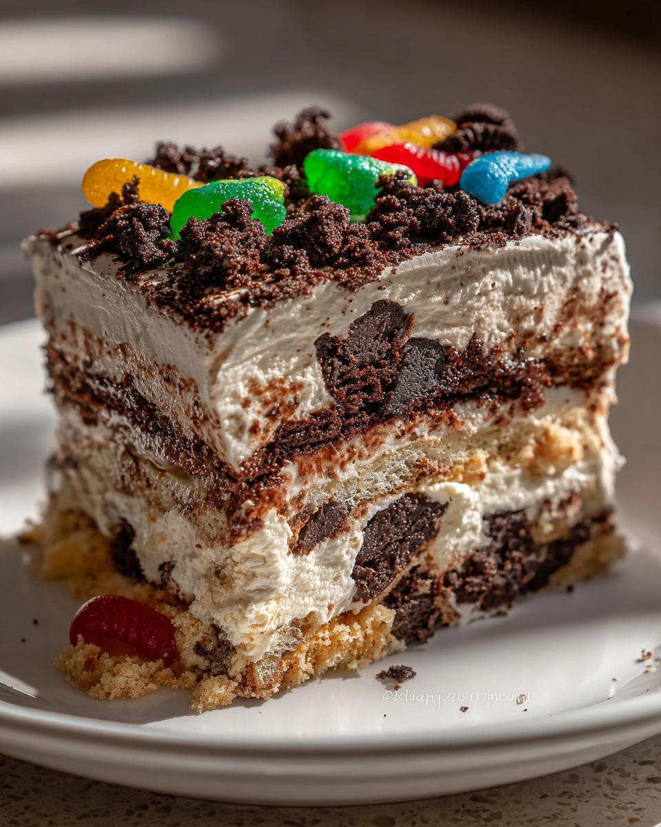 A rich, layered slice of dirt cake topped with crushed cookies and colorful gummy worms.