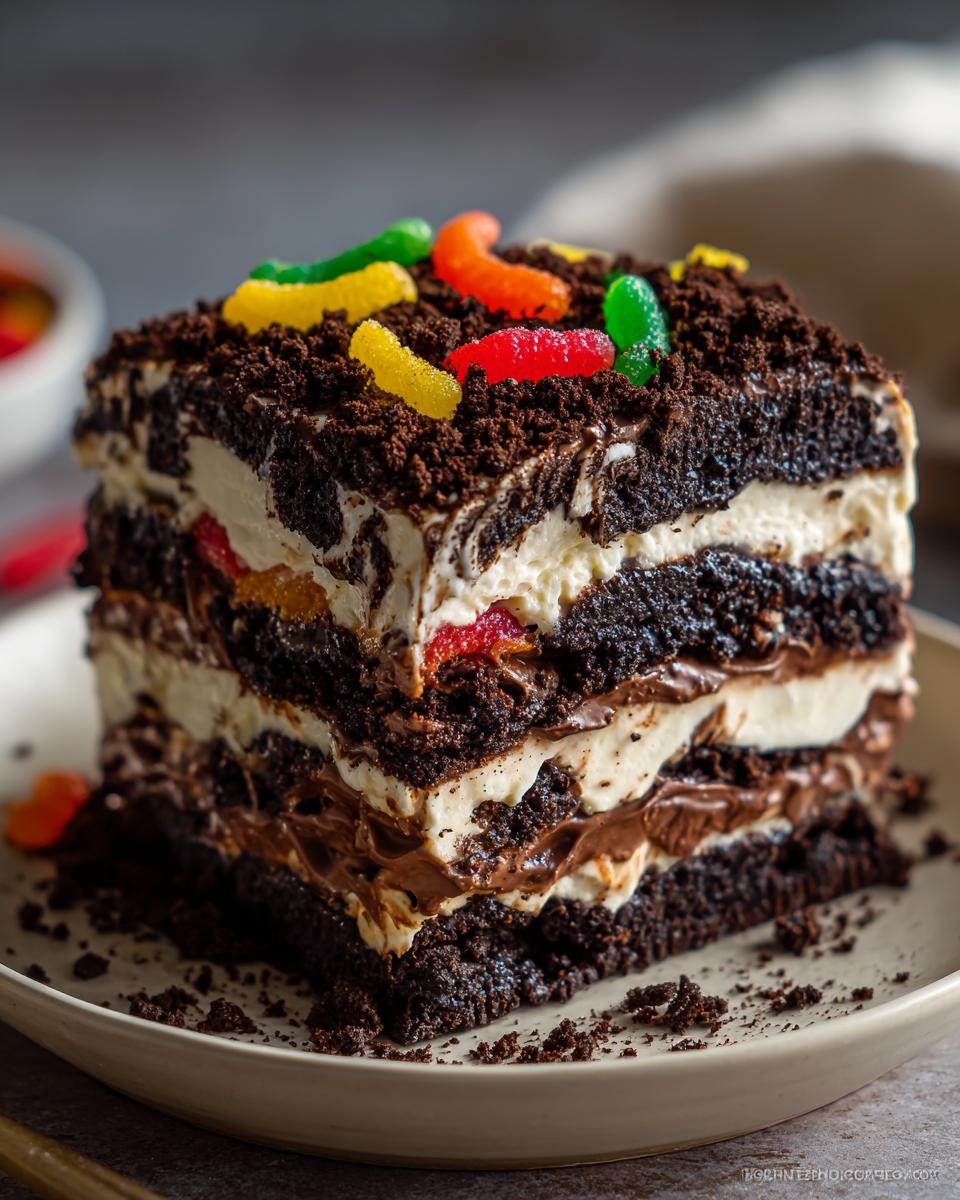 A tall, layered slice of dirt cake featuring dark chocolate cake, cream filling, and gummy worms on top.