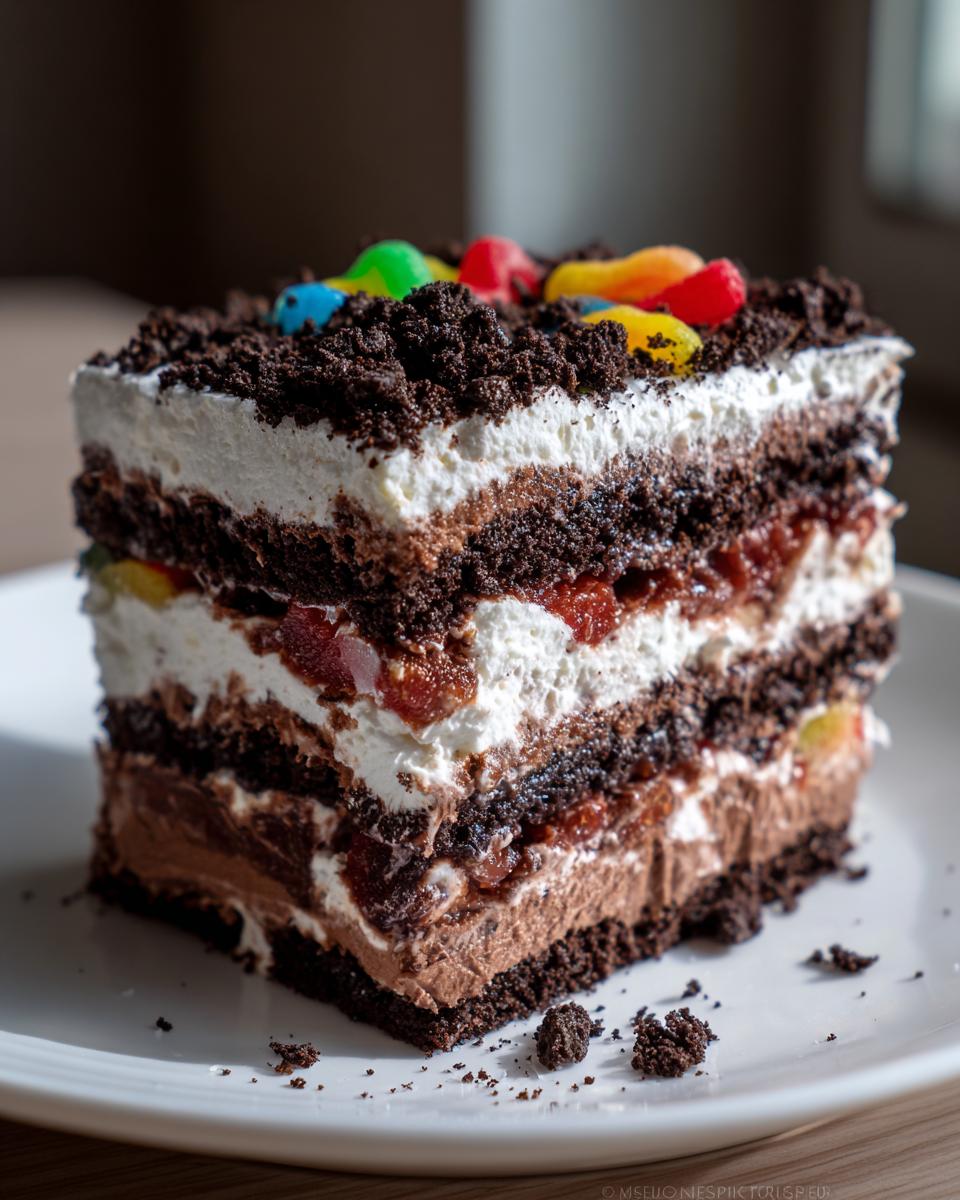 Close-up of a layered slice of dirt cake featuring chocolate cake, cream filling, and gummy worms on top.