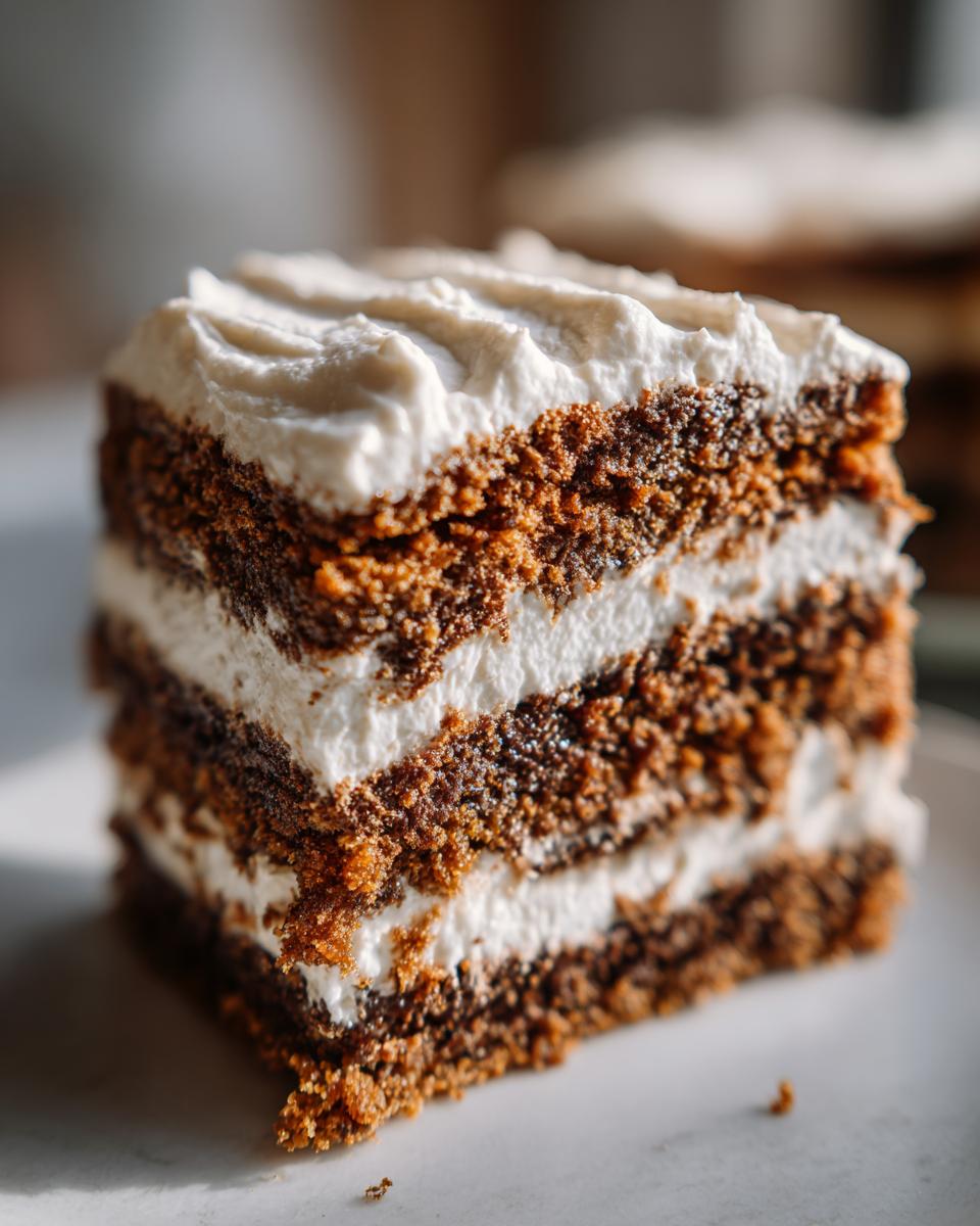 A close-up, cross-section view of a rich, dark brown gingerbread trifle slice layered with thick white cream frosting.