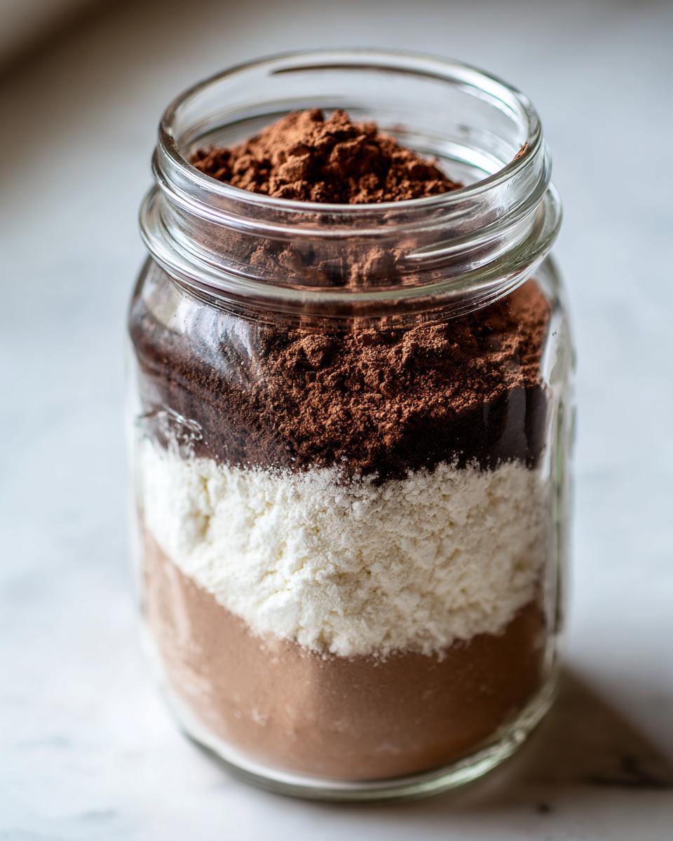 Close-up of layered homemade hot cocoa mix ingredients inside a clear glass jar.