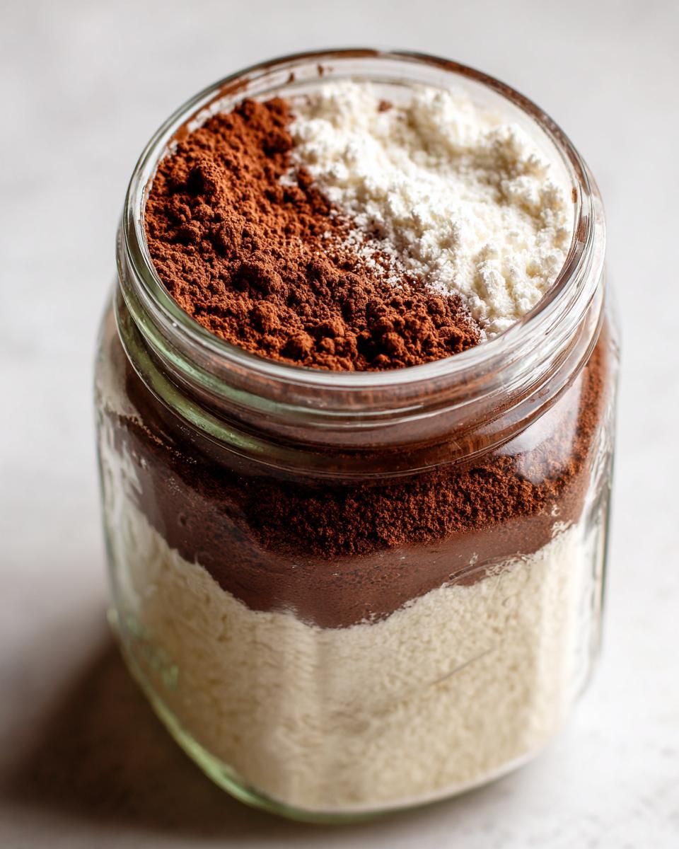 Close-up of layered ingredients for hot cocoa mix in a glass jar, showing brown cocoa powder and white powder.