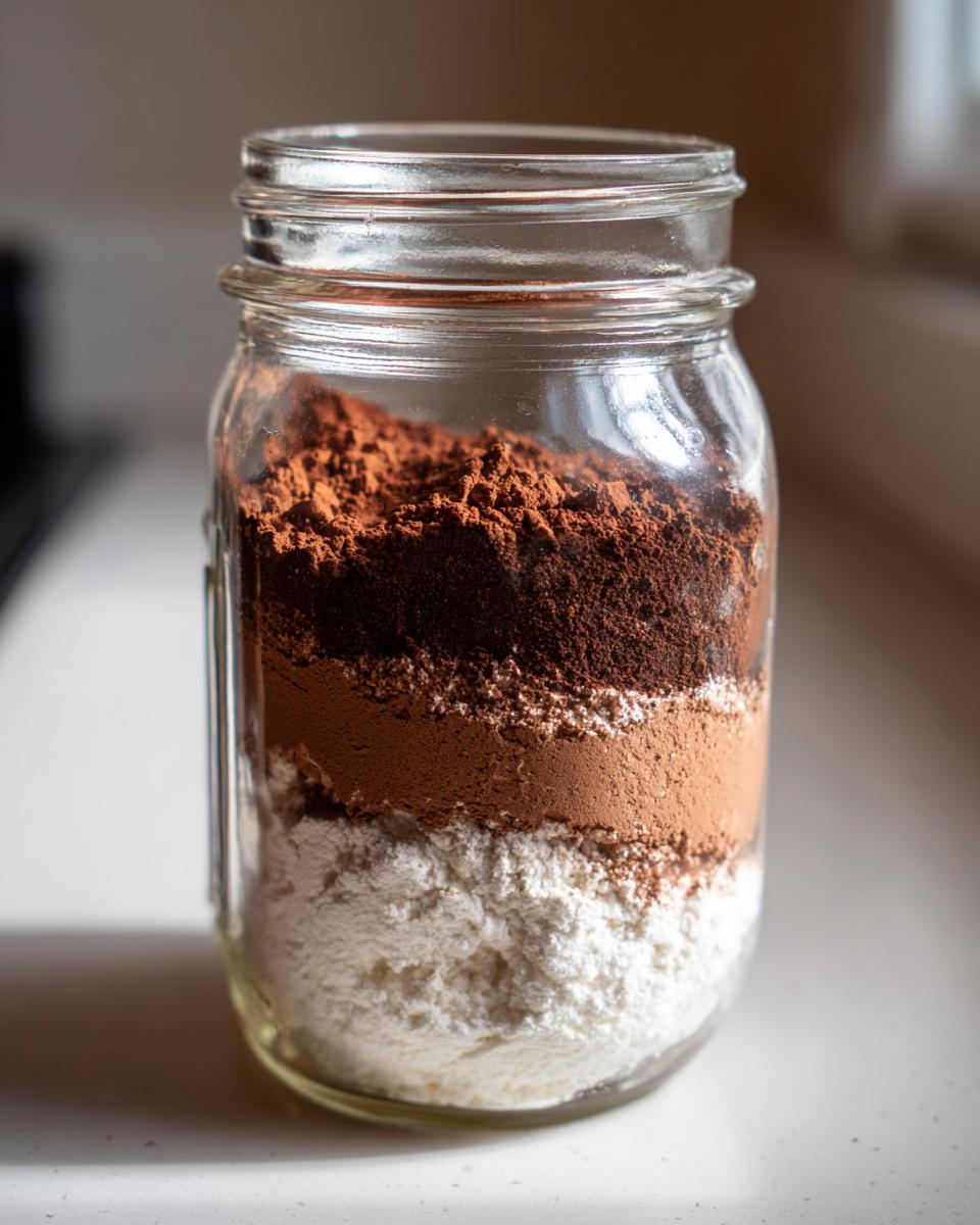 Close-up of layered ingredients for hot cocoa mix inside a clear glass mason jar.