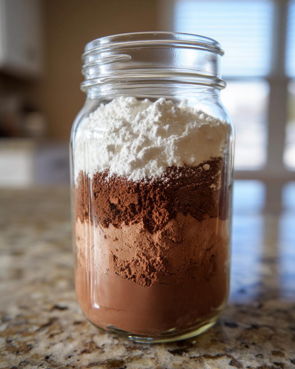 Close-up of layered dry ingredients for hot cocoa mix inside a clear glass jar.