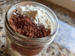Close-up of dry ingredients, cocoa powder and white powder, layered in a glass jar for homemade hot cocoa mix.