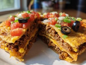 A cross-section view of a delicious Mexican pizza showing layers of seasoned ground beef, cheese, and topped with fresh tomatoes, olives, and green onions.