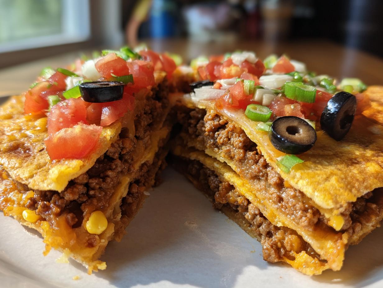 A cross-section view of a delicious Mexican pizza showing layers of seasoned ground beef, cheese, and topped with fresh tomatoes, olives, and green onions.