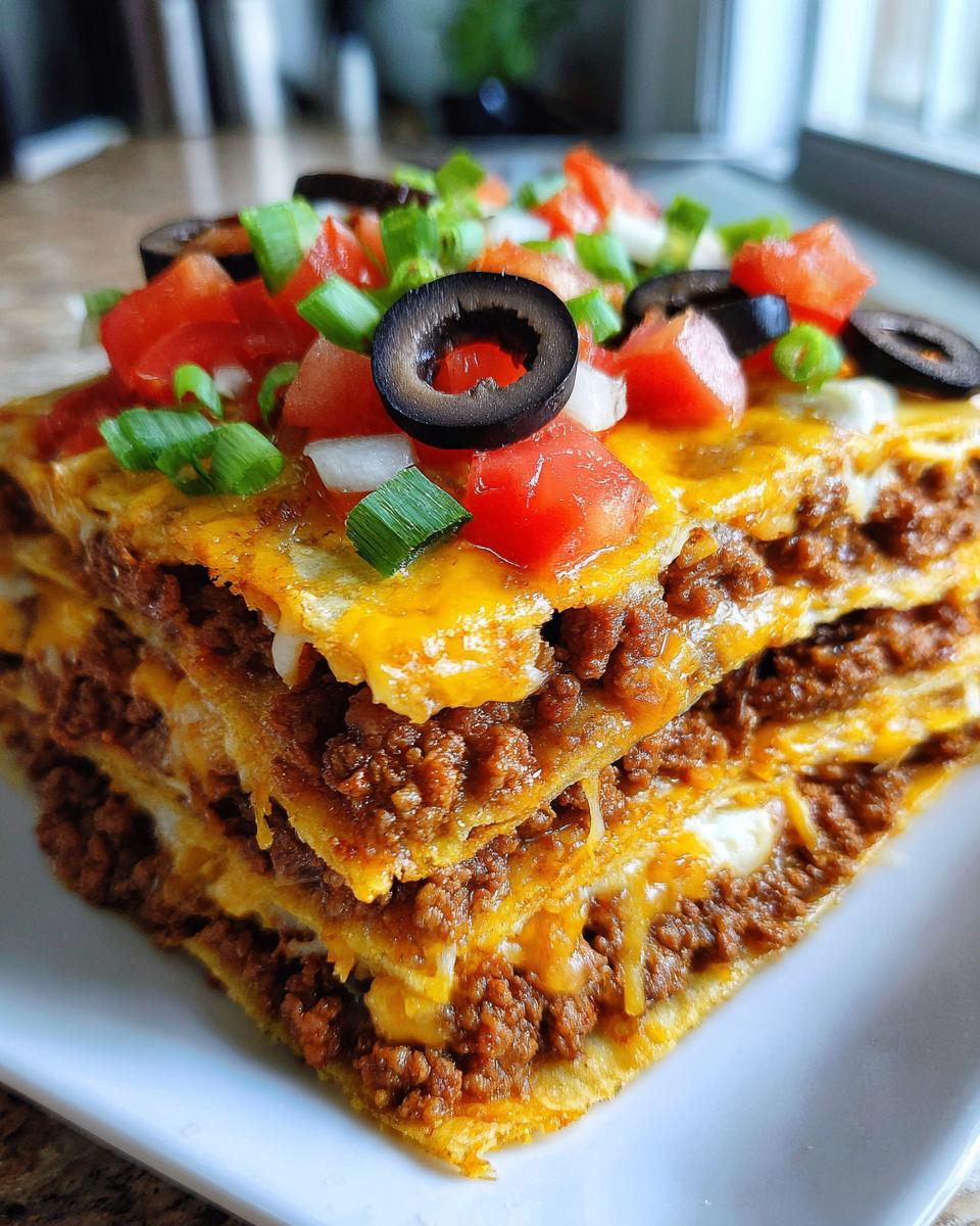 Close-up of a layered Mexican pizza slice featuring seasoned ground beef, melted cheese, and fresh toppings like olives and tomatoes.
