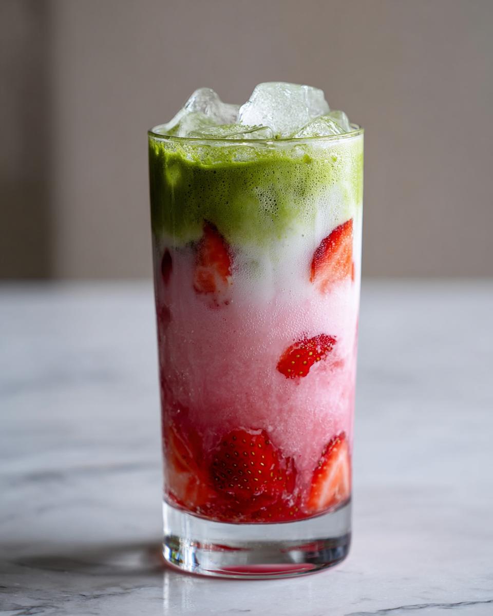 A tall glass showing a layered strawberry matcha drink with sliced strawberries, milk, and a top layer of bright green matcha.