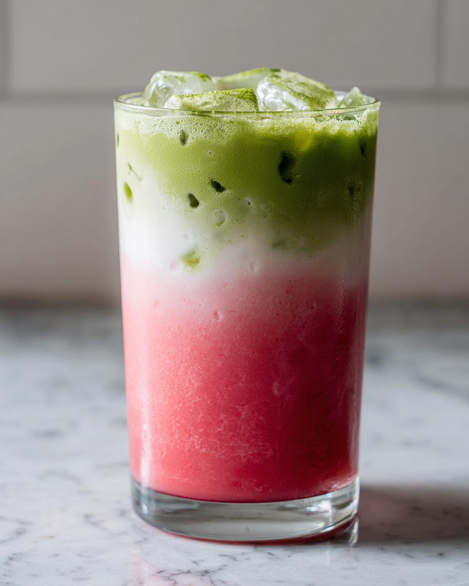 Close-up of a layered strawberry matcha drink with bright pink, white, and green layers, served over ice in a tall glass.