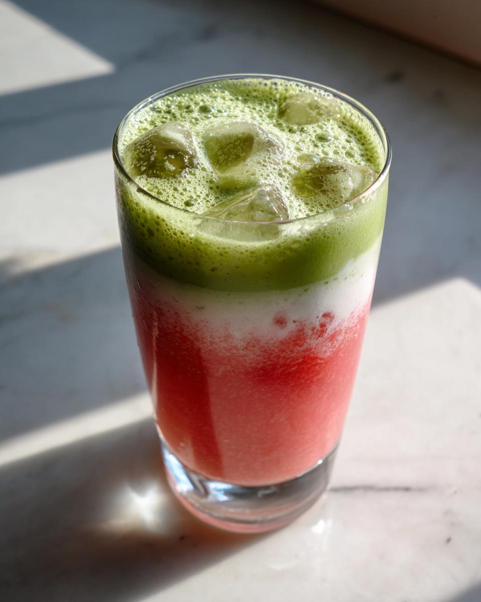 Close-up of a tall glass containing a layered strawberry matcha drink with ice cubes and frothy green topping.