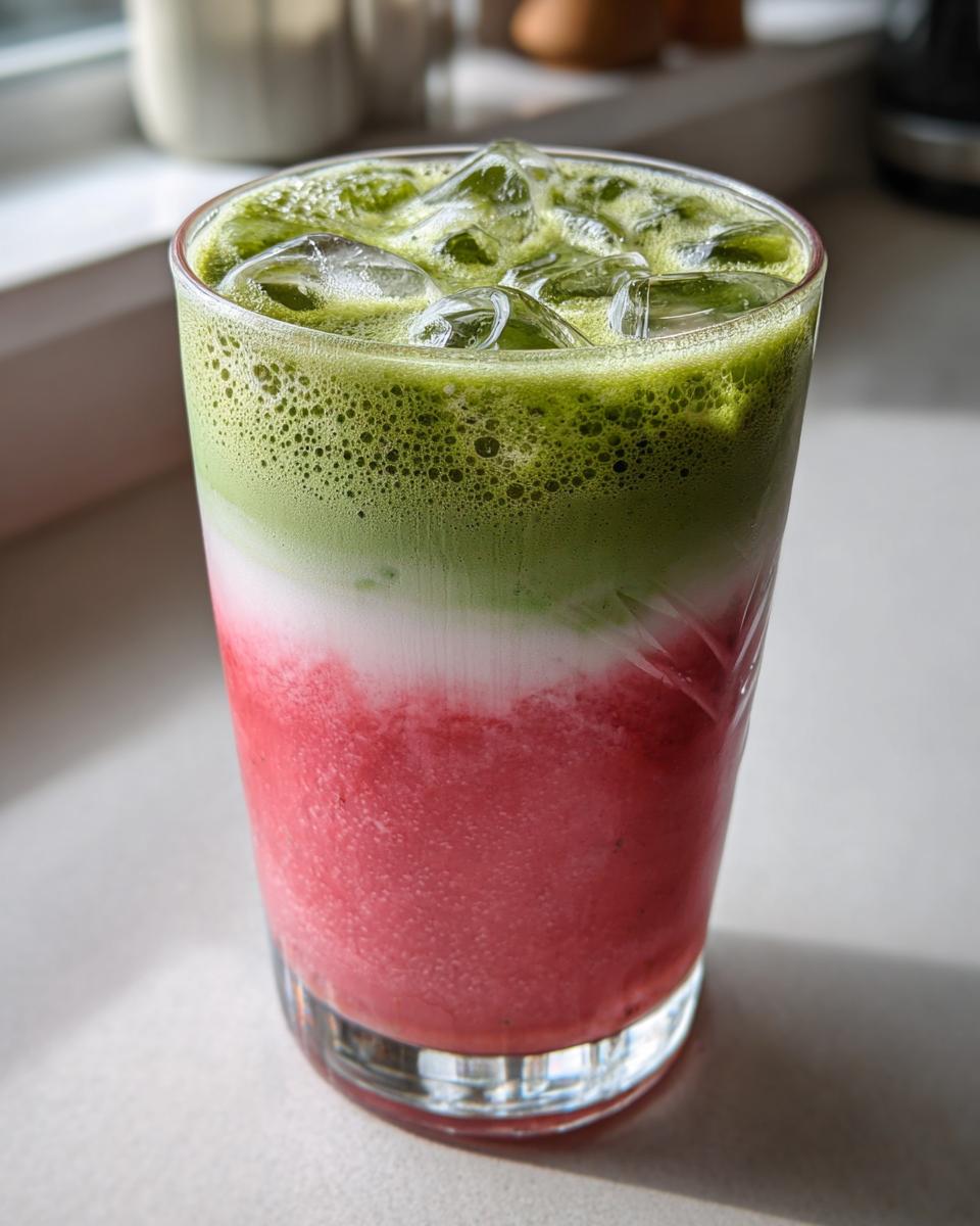 Close-up of a refreshing, layered strawberry matcha drink with ice cubes in a tall glass.