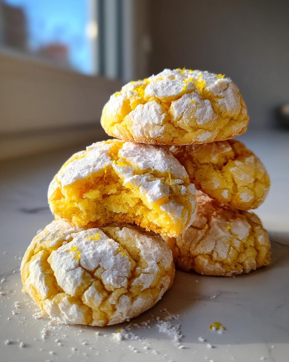 A stack of bright yellow lemon crinkle cookies dusted heavily with powdered sugar, one cookie is broken open.