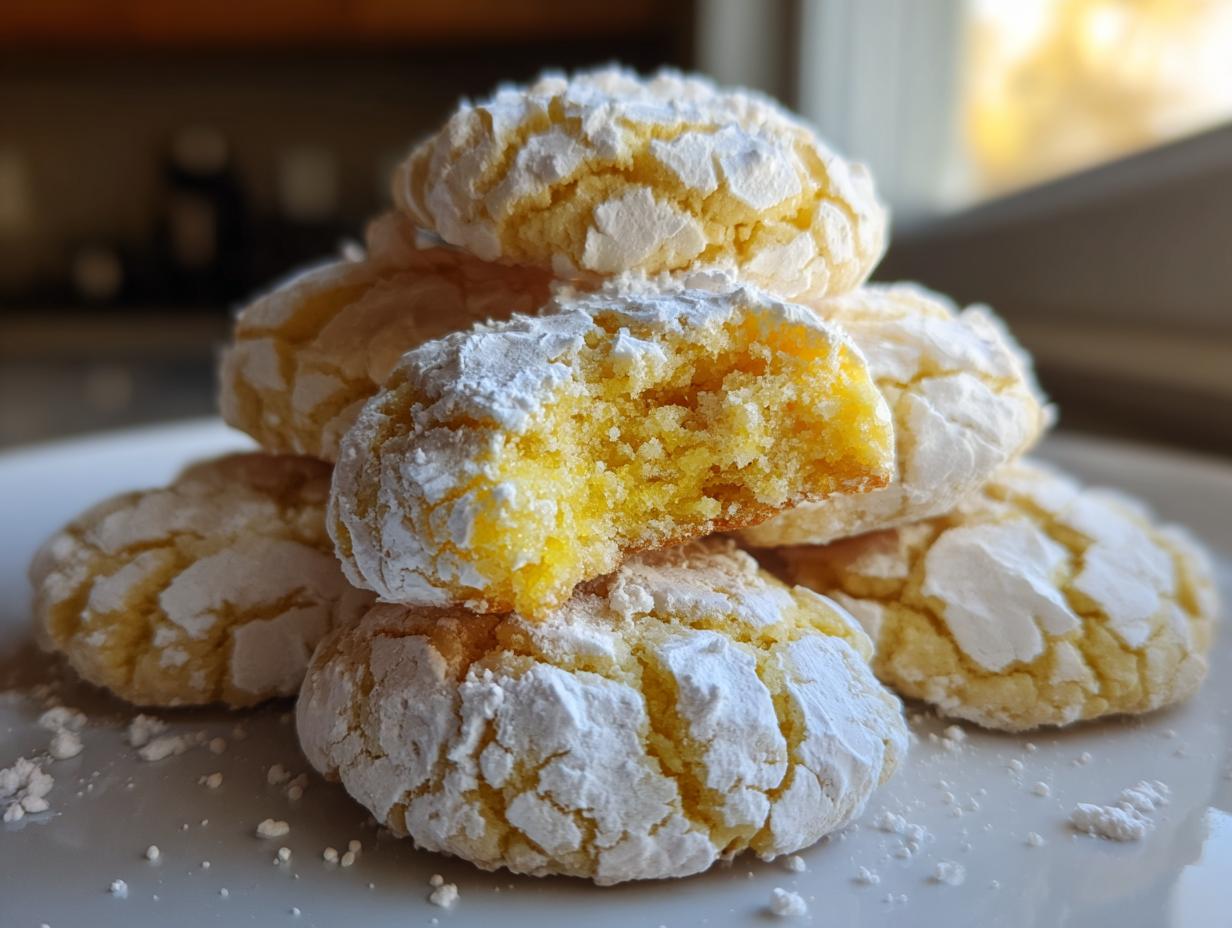 A stack of bright yellow lemon crinkle cookies dusted heavily with powdered sugar, one cookie is broken open.