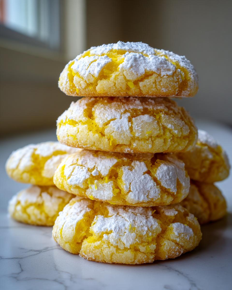 A stack of bright yellow lemon crinkle cookies heavily dusted with white powdered sugar, resting on a marble surface.