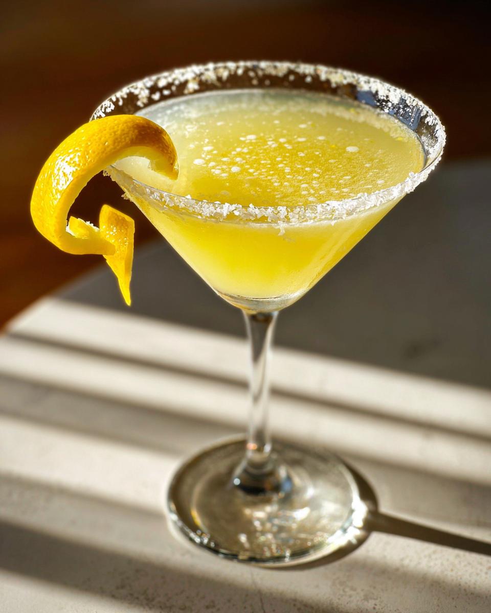 A bright yellow lemon drop cocktail served in a sugar-rimmed martini glass with a long lemon twist garnish.