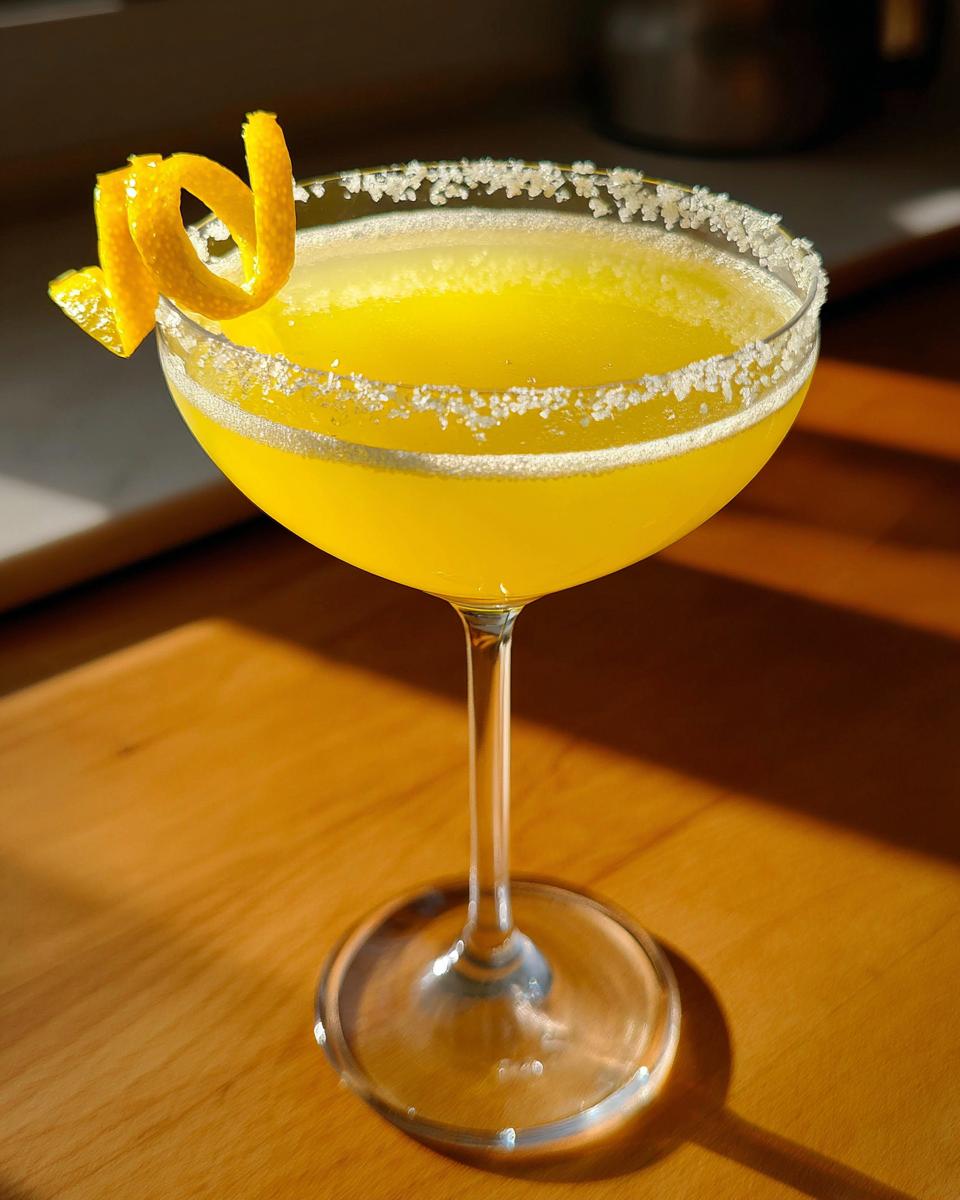 A bright yellow lemon drop cocktail served in a coupe glass with a sugar rim and lemon peel garnish.