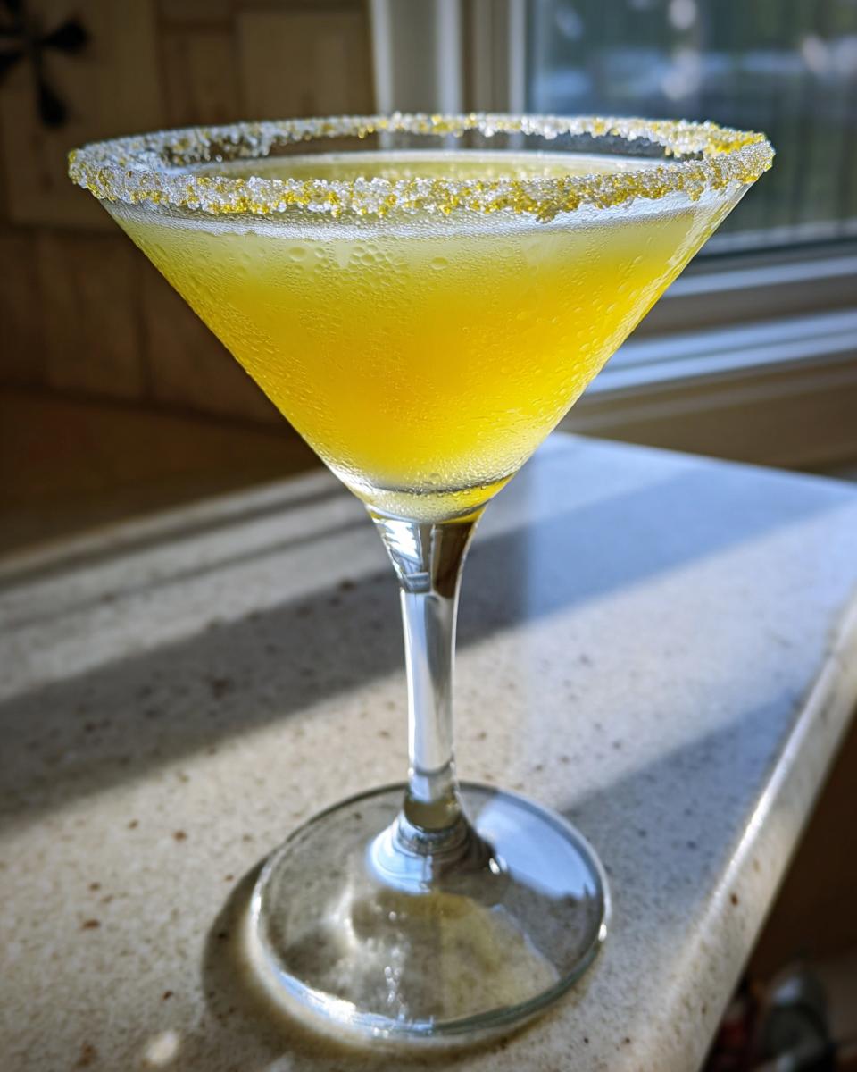 A frosty, bright yellow lemon drop martini in a stemmed glass with a sparkling sugar rim, sitting on a countertop.