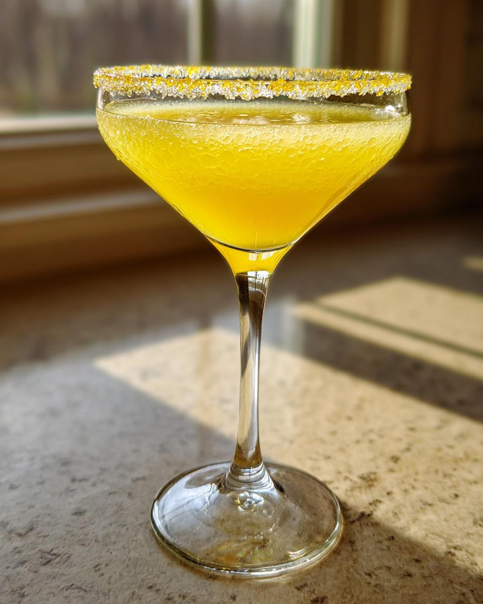 A vibrant, bright yellow lemon drop martini served in a coupe glass with a sparkling sugar rim.