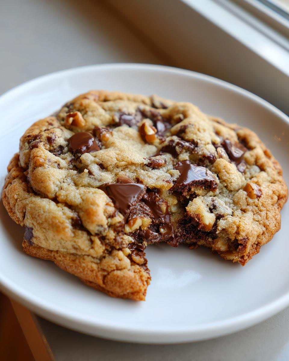 A thick, gooey levain bakery chocolate chip cookie with a bite taken out, showing melted chocolate pools and walnuts.