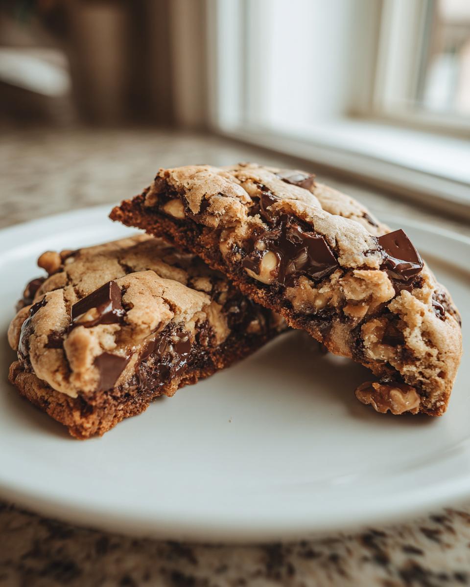 Close-up of a thick levain bakery chocolate chip cookies cut in half showing gooey melted chocolate chunks and nuts.