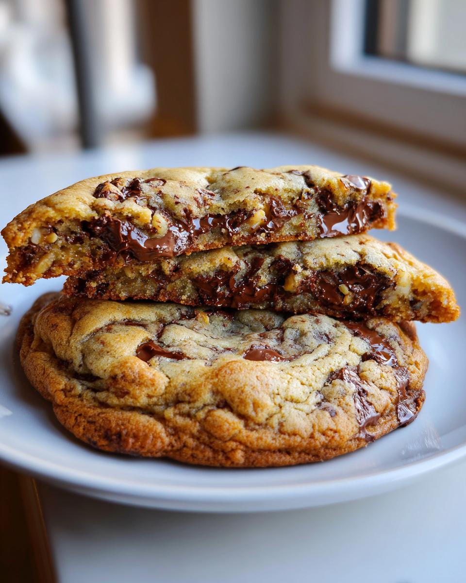 Close-up of levain bakery chocolate chip cookies, one whole and one broken in half showing a gooey, melted chocolate center.