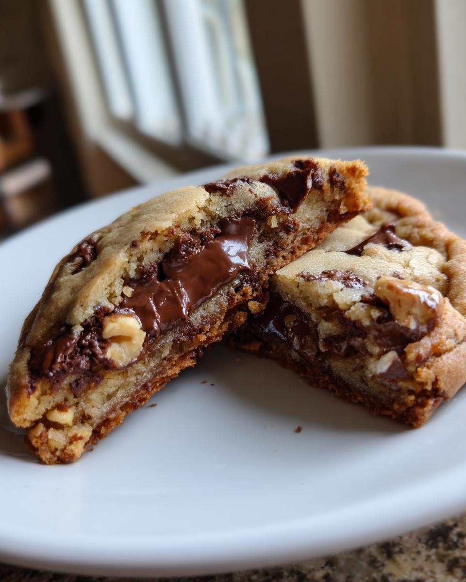 A levain bakery chocolate chip cookie cut in half showing a thick, gooey, melted chocolate center and nuts.