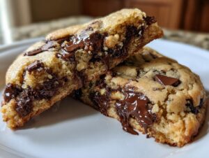 Close-up of a levain bakery chocolate chip cookie cut in half, showing gooey, melted chocolate and nuts inside.