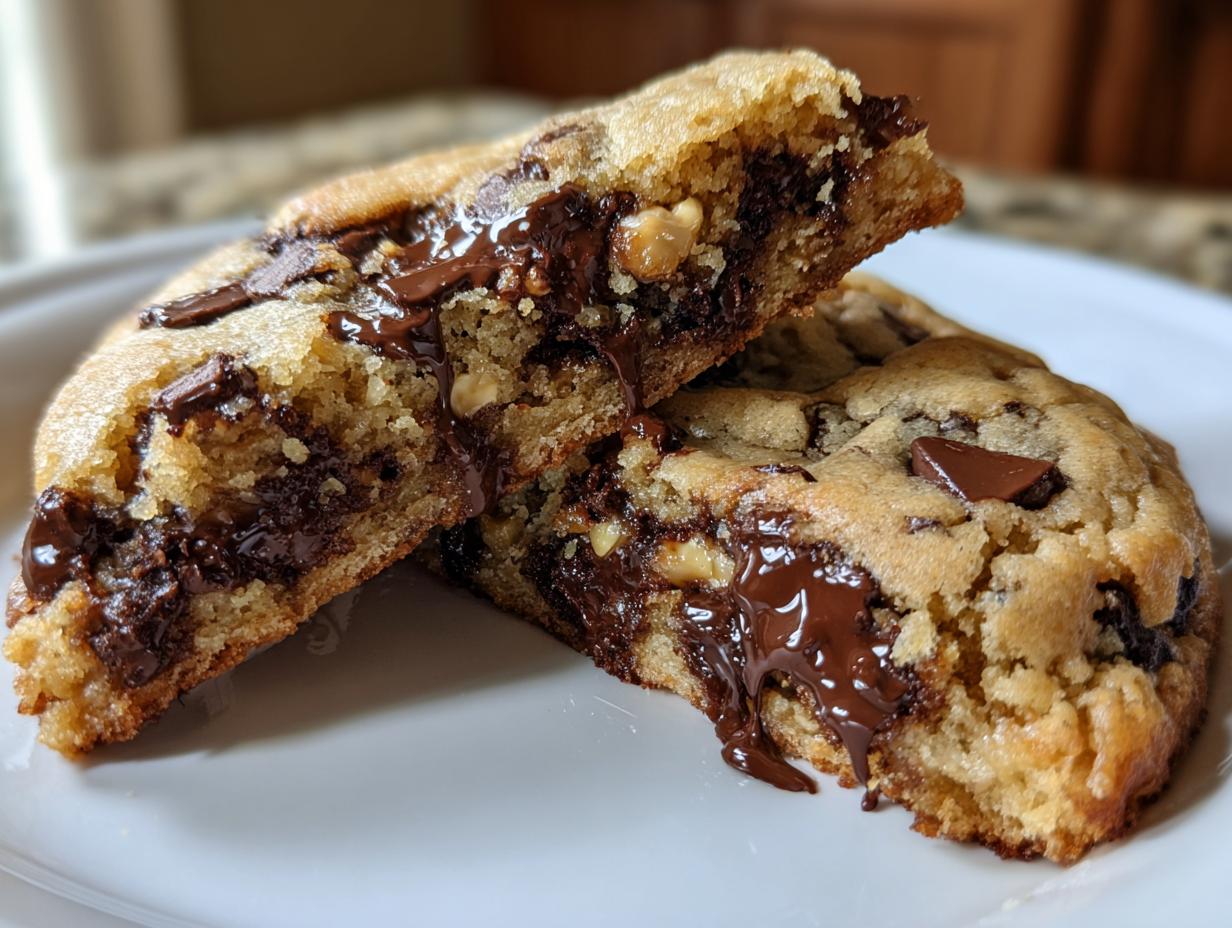Close-up of a levain bakery chocolate chip cookie cut in half, showing gooey, melted chocolate and nuts inside.