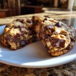 Two thick, gooey levain bakery chocolate chip cookies, cut in half to show the molten chocolate chunks and nuts inside.