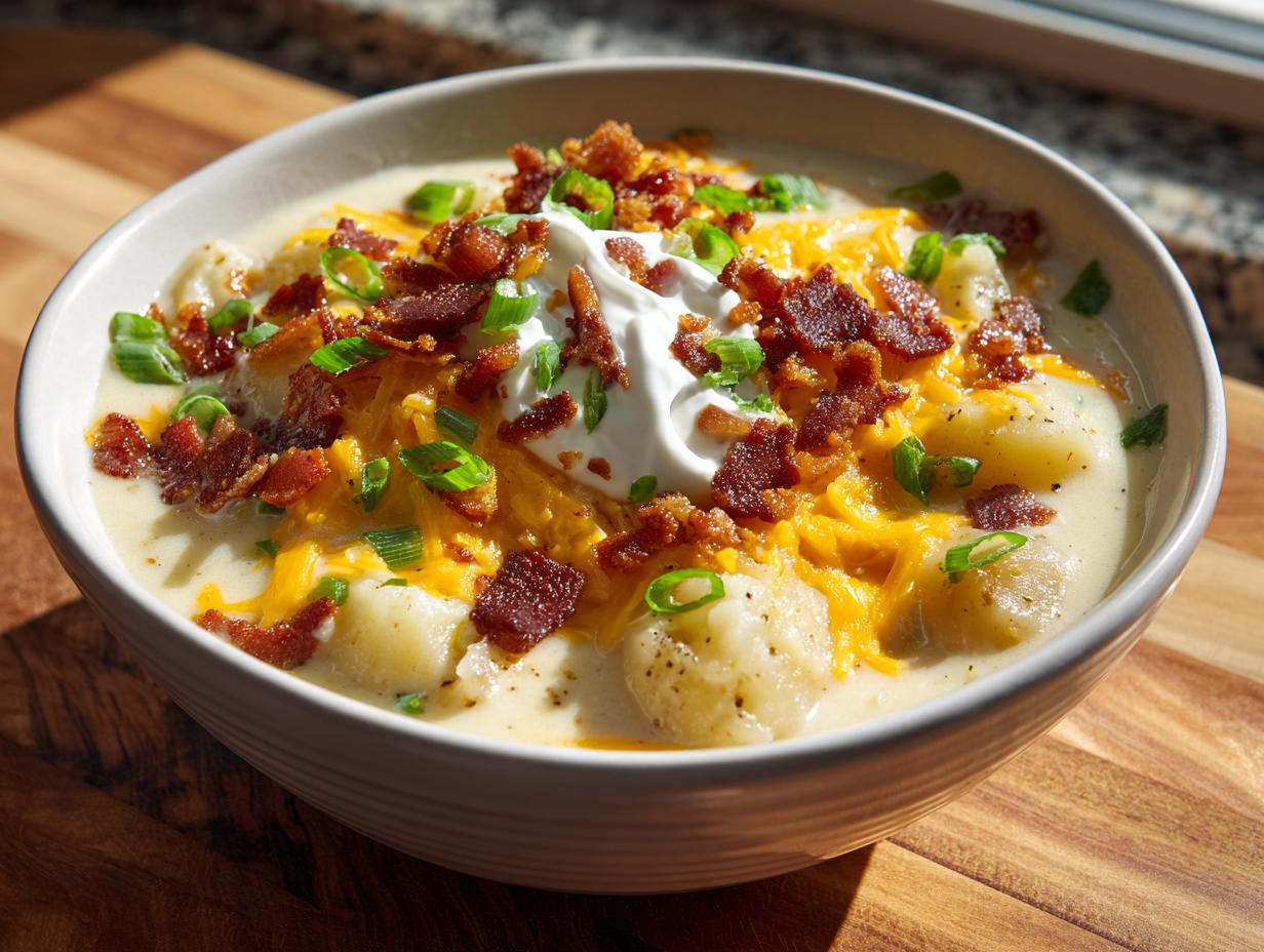 A close-up of a creamy bowl featuring chunks of potato, topped with shredded cheddar, bacon bits, sour cream, and green onions, ready for the potato soup recipe.