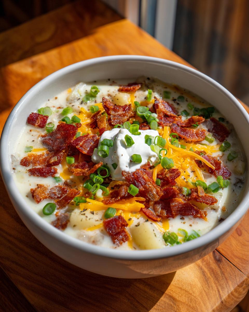 Close-up of a creamy bowl of loaded potato soup recipe topped with bacon, cheese, sour cream, and chives.