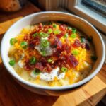 A white bowl filled with creamy potato soup recipe, topped generously with shredded cheese, bacon bits, sour cream, and green onions.